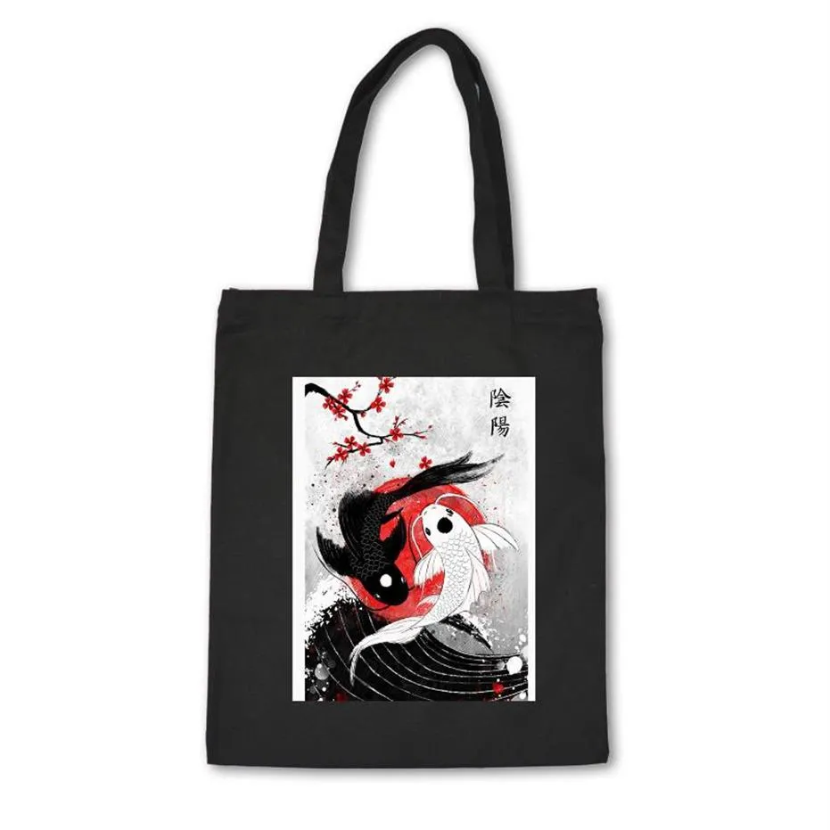 Einkaufstaschen im japanischen Stil Canvas-Tasche Baumwolle Hochwertige schwarze Unisex-Handtasche mit Fischdruck Benutzerdefiniertes Tuch Bolsas De Mano190c