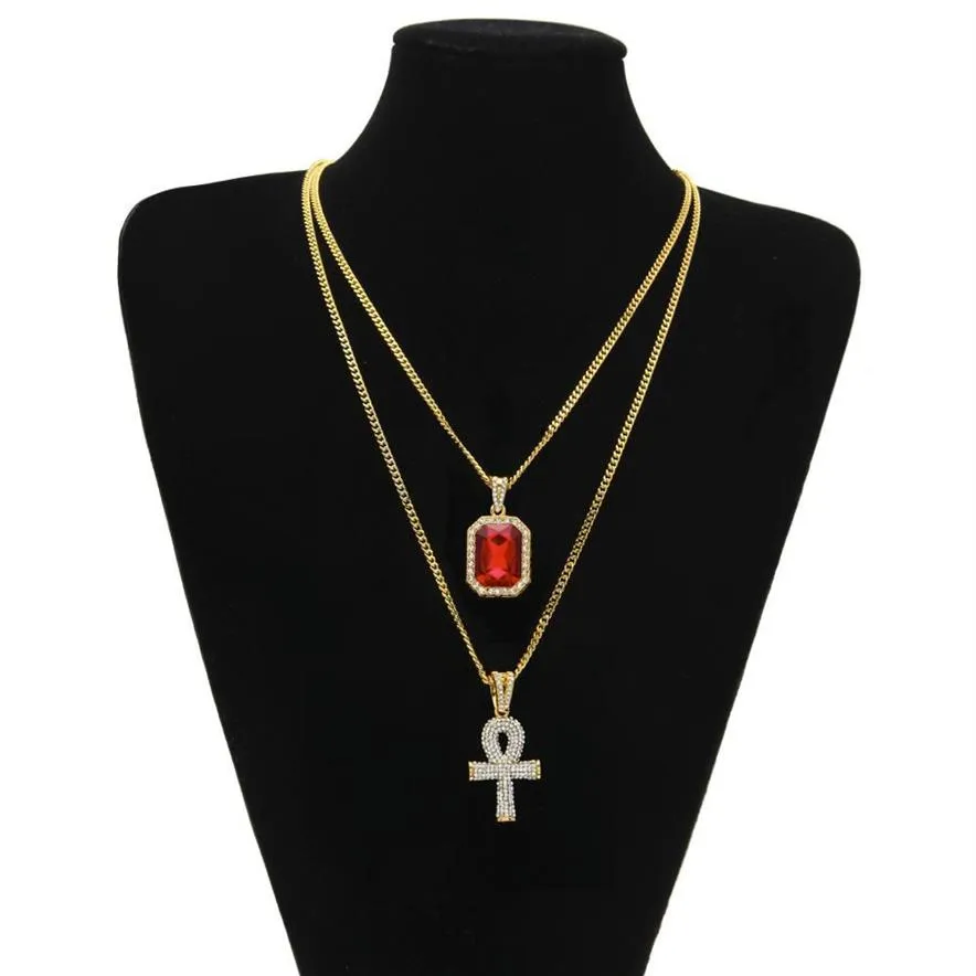 Hip-Hop-Schmuck Ägyptische große Ankh-Schlüsselanhänger-Halsketten-Sets Mini-Quadrat-Rubin-Saphir mit Kreuz-Charm-Kubaner-Link für Herren Fash321U