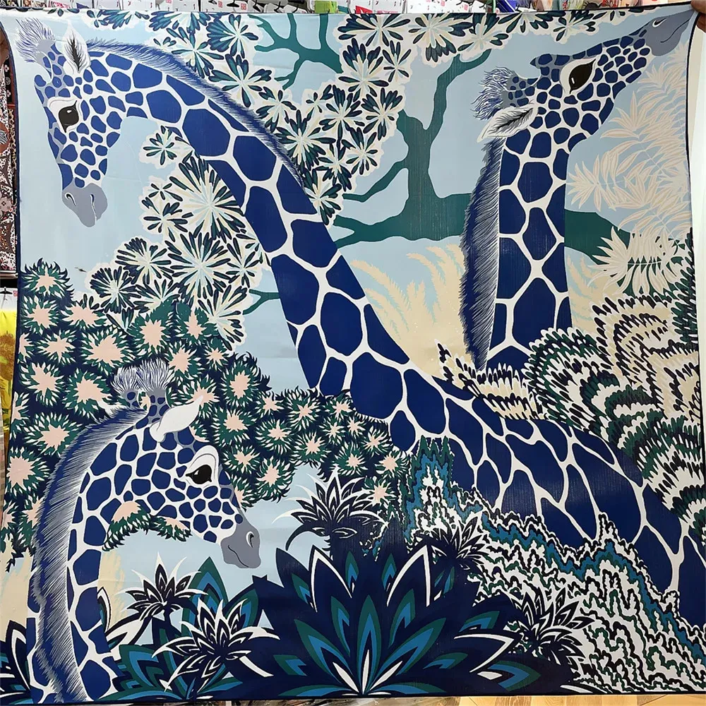 Halsdukar Pobing Silk Cashmere Scarf Women Hand Rolled Shawls Giraffe Print Square Scarves Wraps Bandana Big Hijabs Female Foulard 135cm 231214