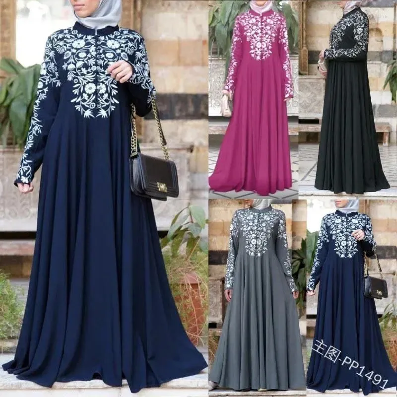 Vêtements ethniques Robe à col montant imprimé à manches longues 2023 Turquie Moyen-Orient Femme Robe Musulman Abayas pour femmes Floral Africain Dubaï