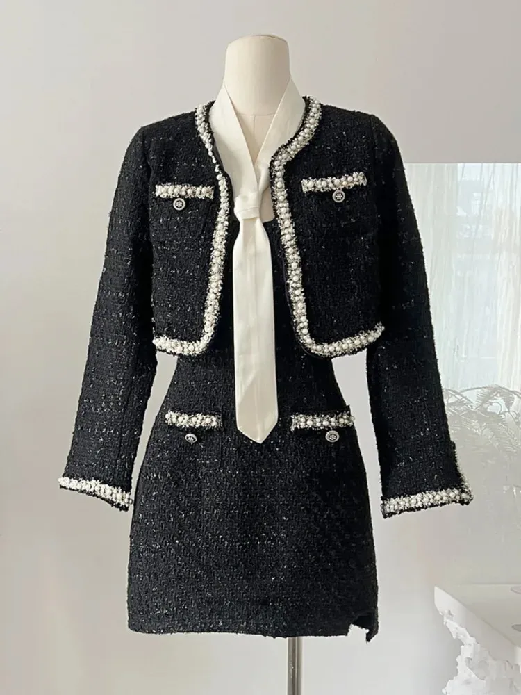 Robe deux pièces Haute qualité français luxe petit parfum Tweed deux pièces ensemble femmes veste courte manteau robe ensembles Y2K Streetwear 2 Piece Suit 231215