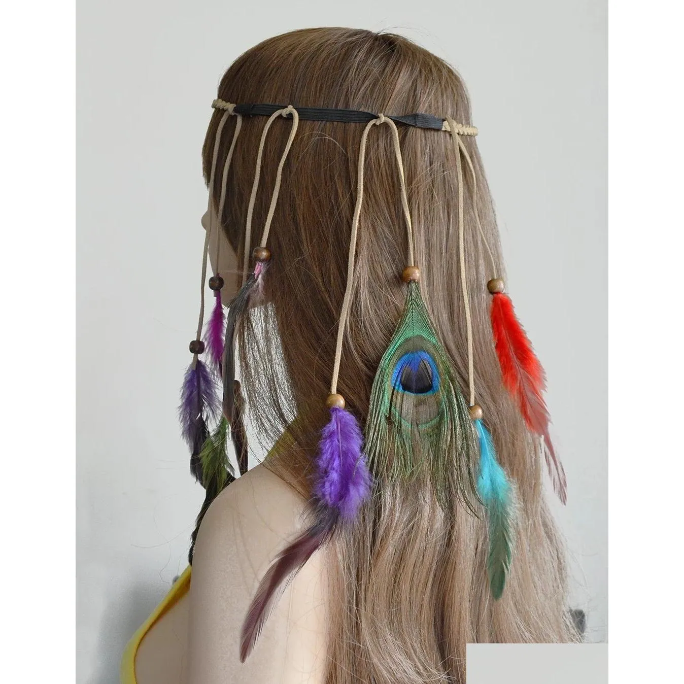 Opaski na głowę ręcznie robione etniczne cyganie cygańskie kolory piórkowe opaski do włosów Kobiety boho fryzjerskie włosy akcesorium upuszczenie biżuterii biżuteria do włosów dhms0