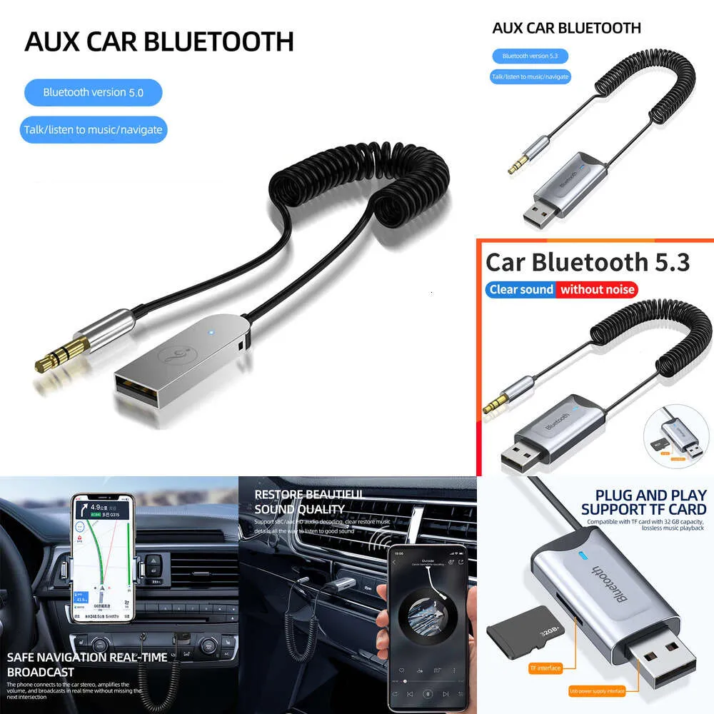 Auto Electronics Car Bluetooth 5.3 Adapter Stereo Wireless USB Dongle to 3.5mm Jack AUX Audio Music Adapter Mic Handsfree Call TF Card Slot