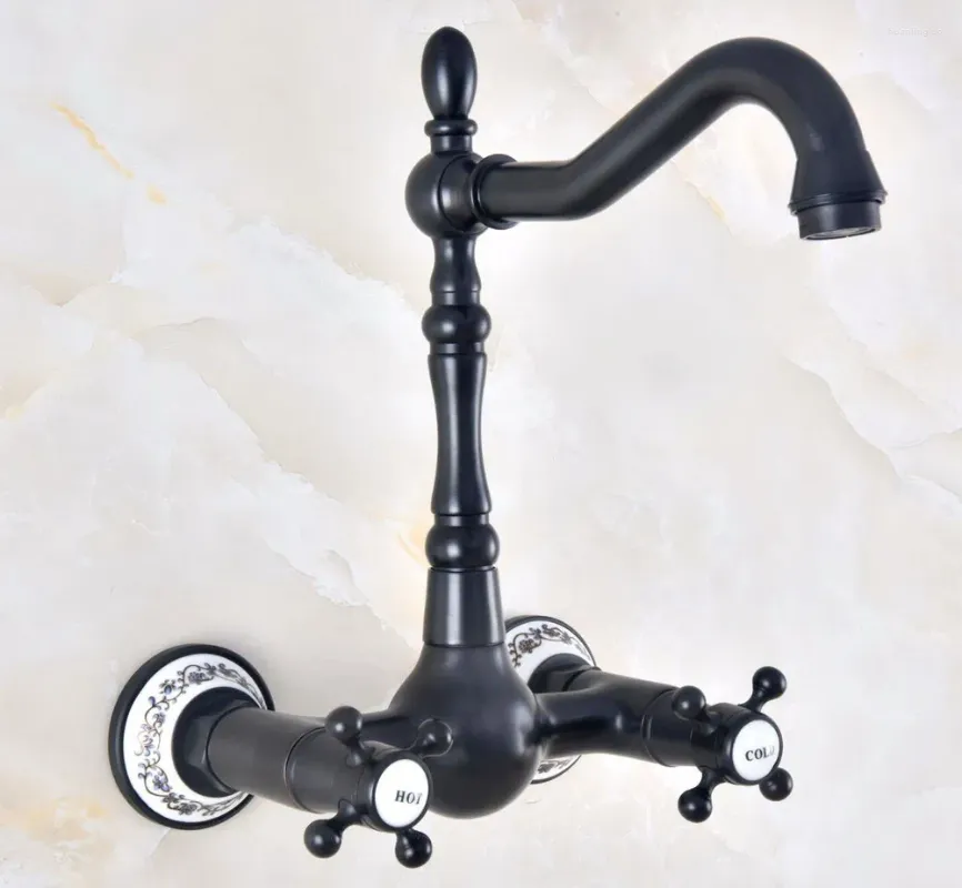 Bathroom Sink Faucets Dual Handle Duals Hole Wall Mount Basin Faucet Oil Rubbed Bronze Vanity Kitchen Cold Water Mixer Taps Dnf472