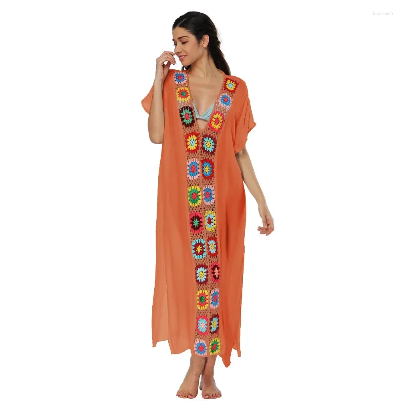 Women's Swimwear Fashion Women Print Robe Short Sleeve Beach Boho Cover Up Summer Hand Hook Patchwork Dress With Slit Sexy Long Skirt