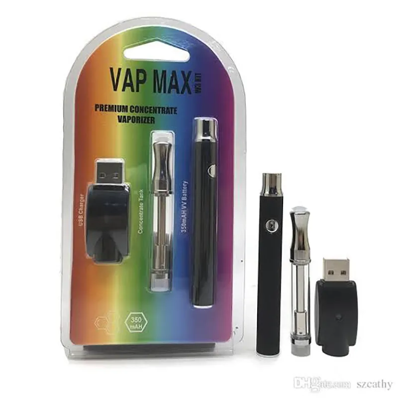 VAP MAX 350MAH電子タバコ予熱バッテリー3.4V-4.0Vポールプラスチックパッケージ510Thread 0.5mlガラスカートリッジVAPEペンバッテリー
