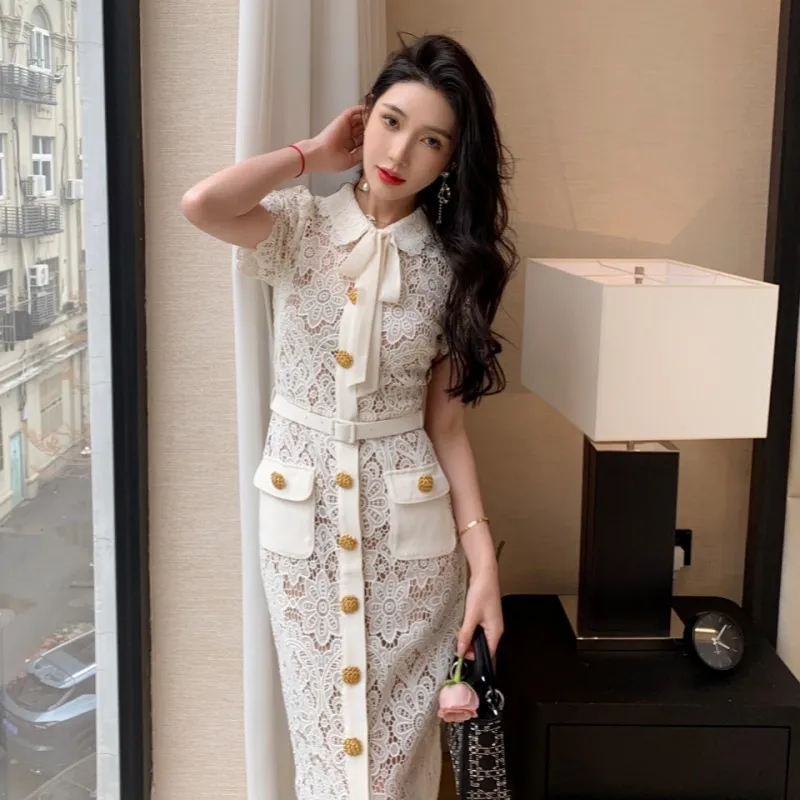 Cream lace two-piece pencil dress with lapel neck collar and empire waist  for summer, sizes S-XL from Dhgate Basic & Casual Dresses - price 89.35