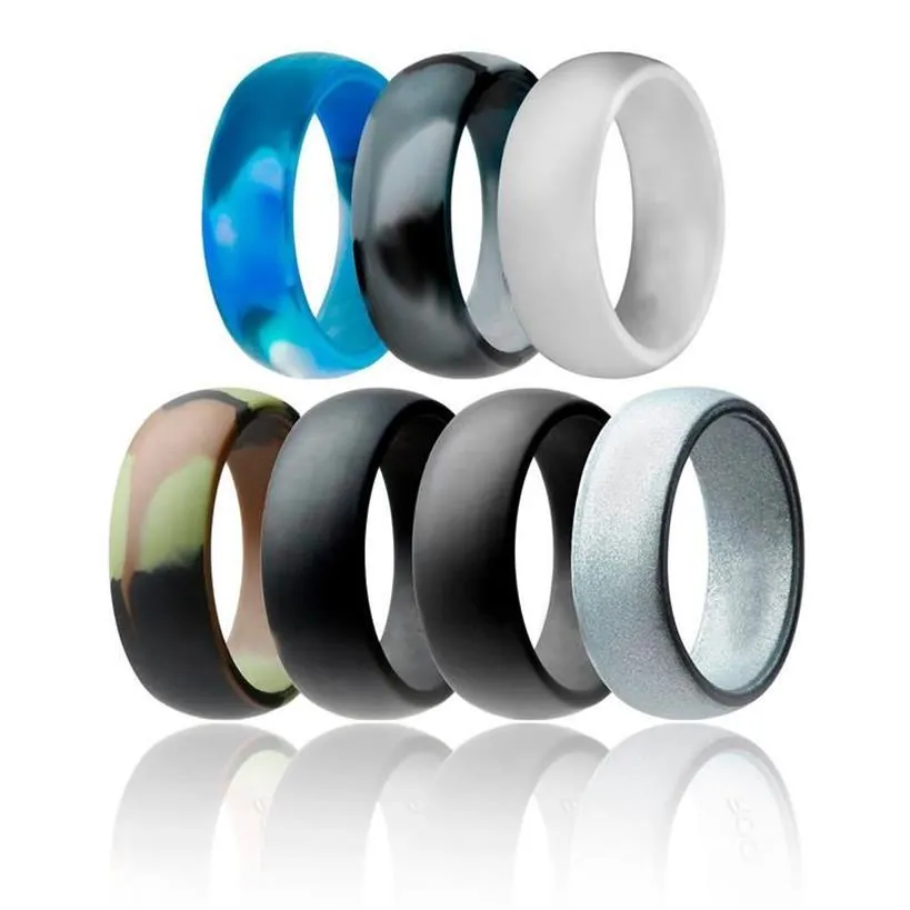 Anéis de casamento anel de silicone de 8 mm de largura 7pc Band Camouflage Silver Rubber for Men Women Jewelry Gift Anillo de Silicona203p