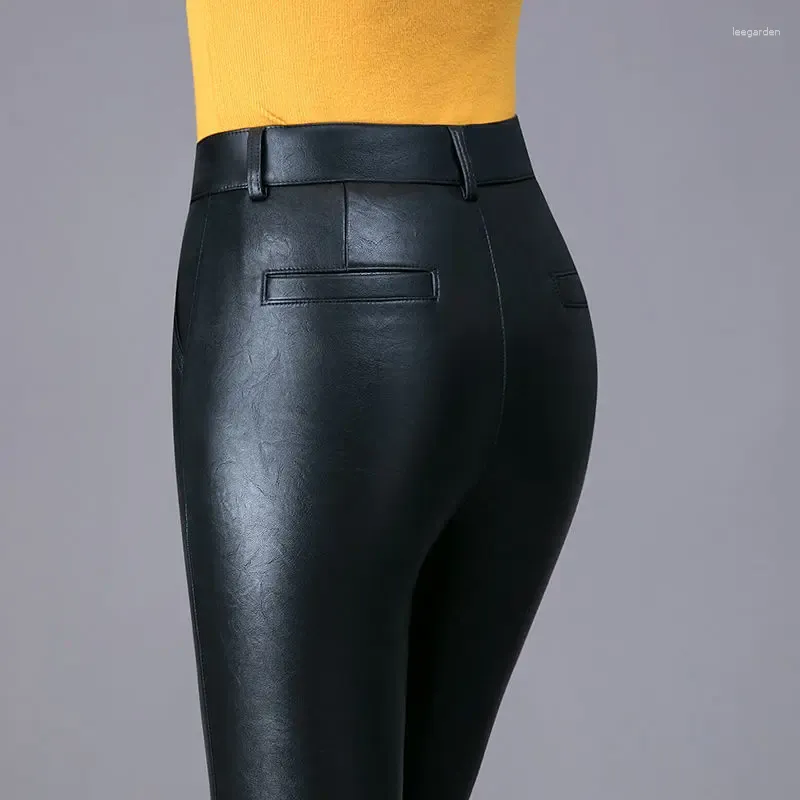 Женские брюки из натуральной кожи, женские черные шаровары с высокой талией, женские эластичные уличные брюки G253