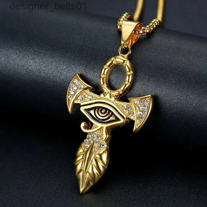 Pendant Necklaces Egyptian Ankh Cross Pendant Necklace For Women/Men Gold Color Stainless Steel Eye of Horus Necklace Iced Out Bling Egypt JewelryL231215