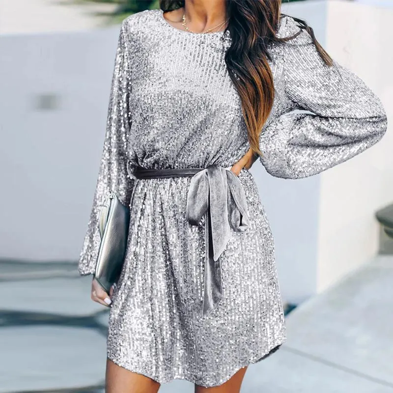 Robes décontractées Robe à paillettes pour femmes à manches longues Crewneck Sparkly Glitter Mini Mode Tempérament Élégant Mariage Cocktail Party