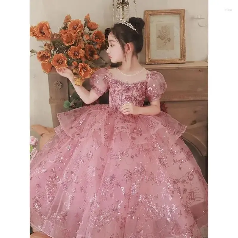 Robes de fille élégantes en dentelle à paillettes, fleurs bouffantes, manches courtes, robe de princesse en Tulle avec perles, mignonnes robes de concours de baptême pour enfants