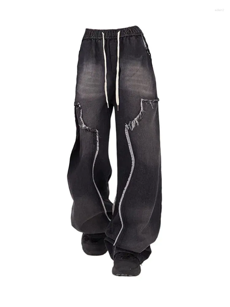 Damesbroeken Amerikaanse retro gewassen zwarte lange broek Baggy elastische taille Veters met wijde pijpen Koreaanse mode Y2k streetwear gothic