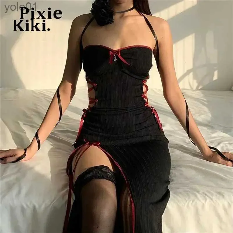 Urban Sexy Dresses PixieKiki Sexy Tube Slit Long Dresses Side Hollow Out Lace Up Black Club Outfits Women Night Out Goth Lolita Dress P71-DZ25L231215