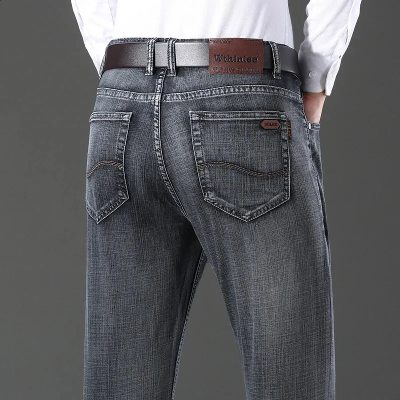 Мужские джинсы 2023, деловые повседневные прямые эластичные модные классические серые, черные рабочие джинсовые брюки, мужская брендовая одежда 231214