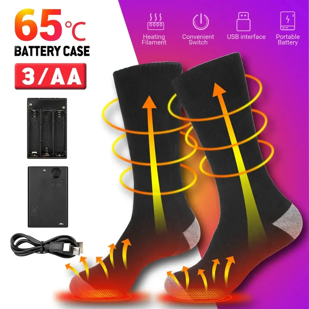 Chaussettes de sport 65 chauffées hiver chaud USB chauffage rechargeable avec boîtier de batterie bottes motoneige ski chaussette moto 231215