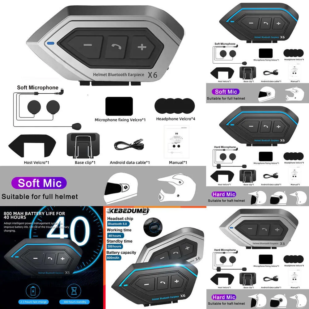 Eletrônicos para carro X6 Capacete de motocicleta Fone de ouvido BT 5.0 sem fio Motor Bike Fone de ouvido estéreo viva-voz Alto-falante Redução de ruído com microfone