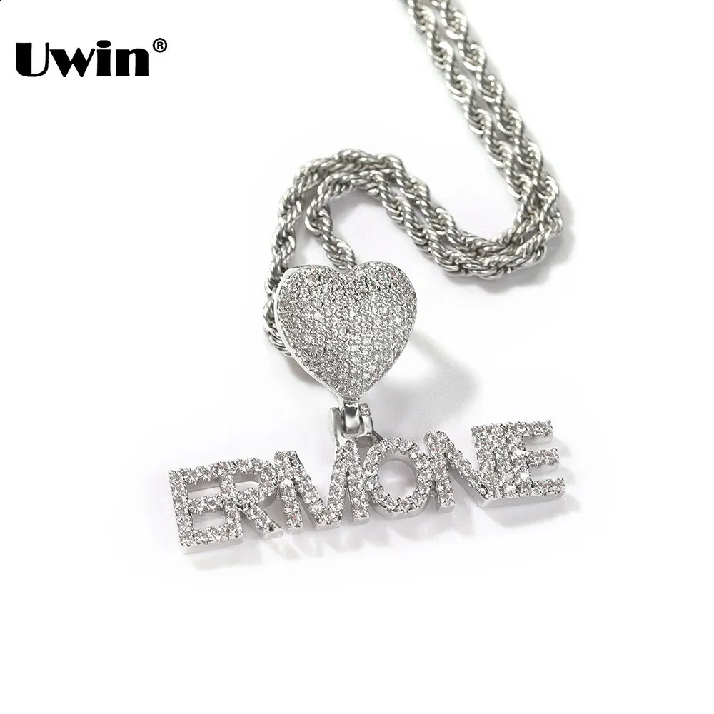 Altri accessori moda UWIN Collana con mini lettere personalizzate Collana con castone a cuore Nome Pendente personalizzato con catena da tennis Ghiacciata CZ Gioielli hiphop 231214