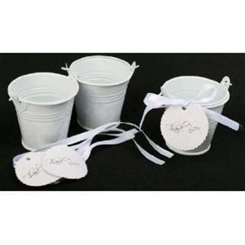 100pcs Lot White Mini Bucket Favours Tins Wedding Favors Tin Pills Tin Candy Box Favors Tins185d