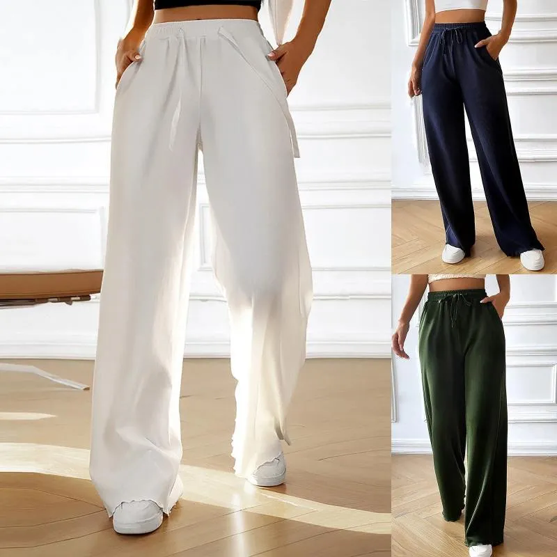 Pantaloni da donna vestibilità ampia casual tinta unita gamba larga dritta con lacci pantaloni per abbigliamento yoga pantaloni sportivi