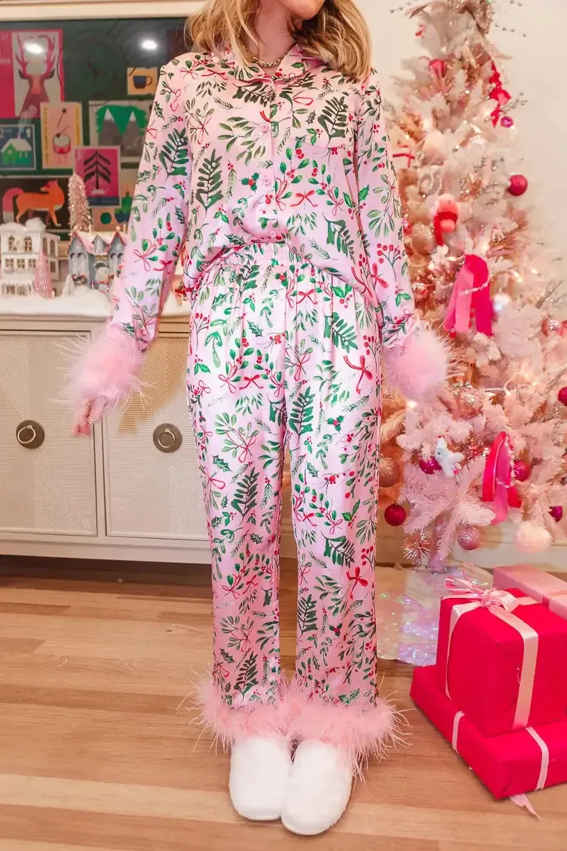 Mulheres sleepwear rosa natal sheidi pijama bonito imitação de seda conjunto de luxo mãe e criança calças de mangas compridas 2 peças 231214