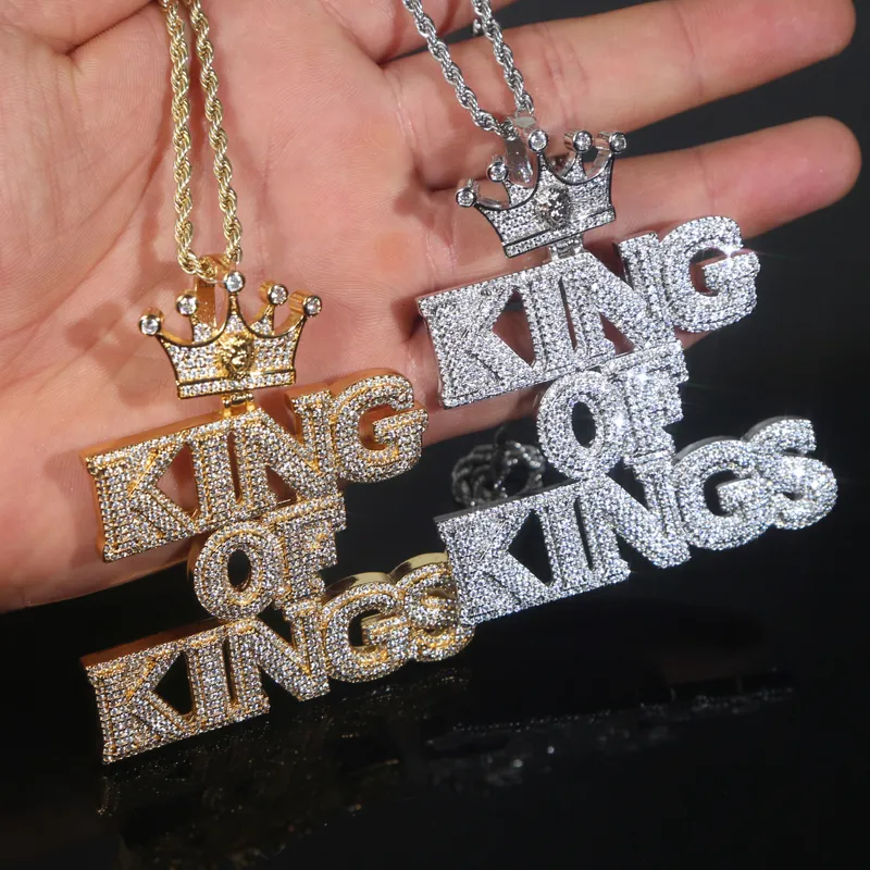 New Designer King of Kings Letter Initials Crown Charm Pendant Necklace with Rope Chain Hip Hop Women Men Full Paved 5A Cubic Zirconia Boss Men Gift Jewelry