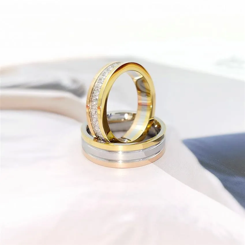 Lüks tasarımcı mücevherler çemberler üç renk kakma tam elmas yüzük titanyum çelik 18k altın kız çift hediye kadın erkekler f242h