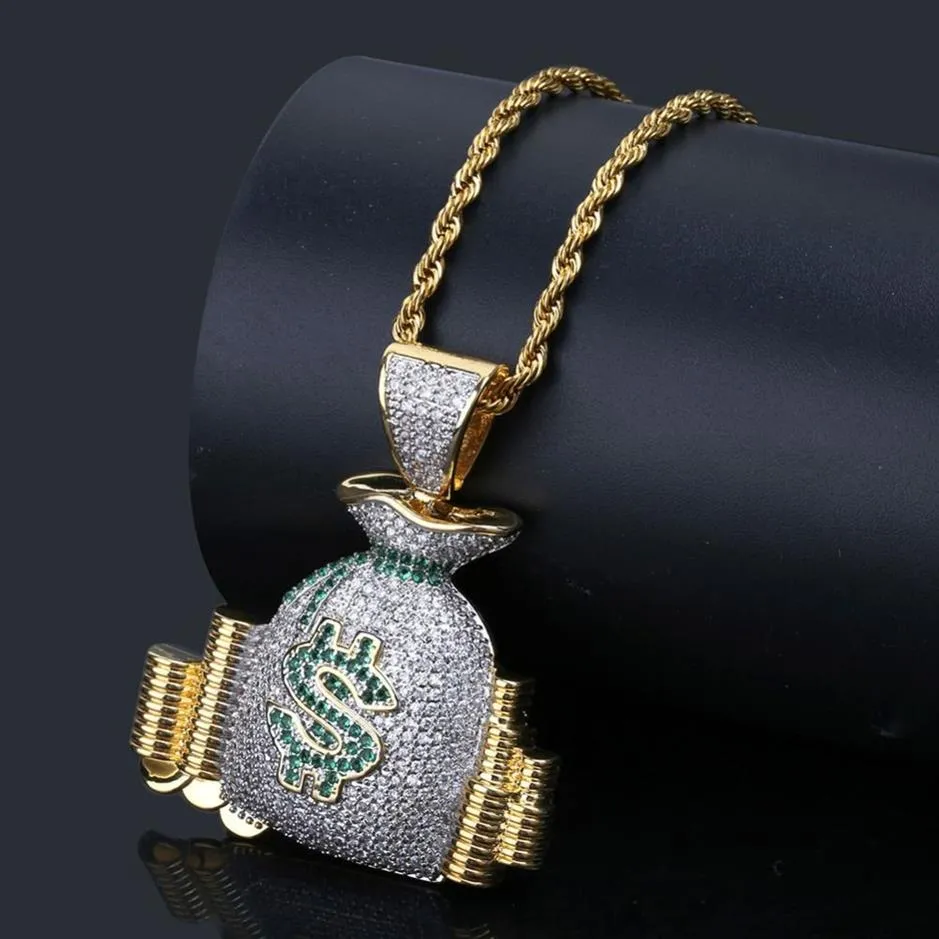 Hip Hop ONS Geld Tas Stack Cash Munten Hanger Kettingen 18 K Goud Iced Out Bling Kubieke Zirkoon Kettingen Mannen charm Sieraden Gifts267j