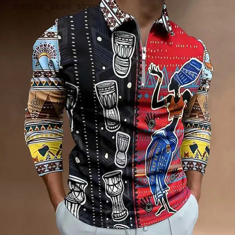 Polos pour hommes 2022 Polo à manches longues décontracté à fermeture éclair Polo africain Tribal Print Street Casual Printemps / Automne Top Chemise imprimée en 3D pour hommes S-3XL Q231215