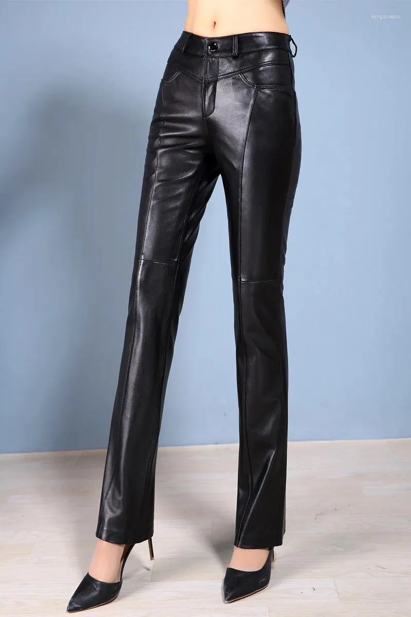 Damesbroeken Leer Dames Lente en herfst Echte schapenvacht Boot Cut Dames Volledige lengte Cool Slim