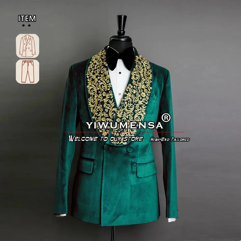 Costumes pour hommes Blazers Faits à la main Appliques d'or Velours Hommes Formel Mariage Groom Wear Tuxedo Double Breasted Blazer Pantalon 2 pièces Vêtements masculins 231215