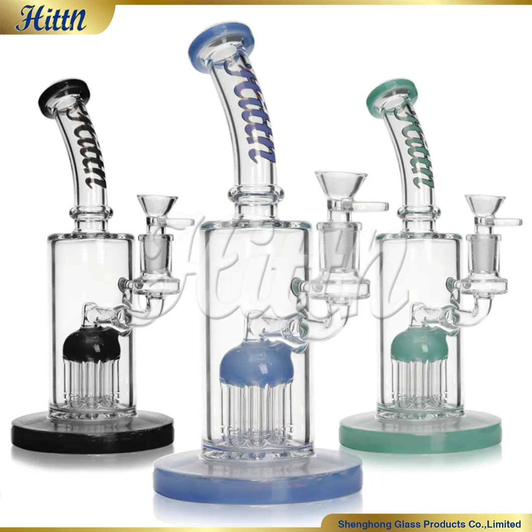 Hittn Glass Bubbler Dab Oil Rig 9.5 Inches Percolator Bong Hookah Glass Water Bong 8 Tree Arms Perc Glass Pipe 14mm joint Black Milk Blue Milk Green