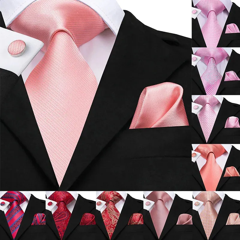 Neckband Hittie Coral 85 cm Men's Hanky ​​Cufflinks Set Large Silk For Men Pink Plaid Luxury Wedding Party Slitte 231214