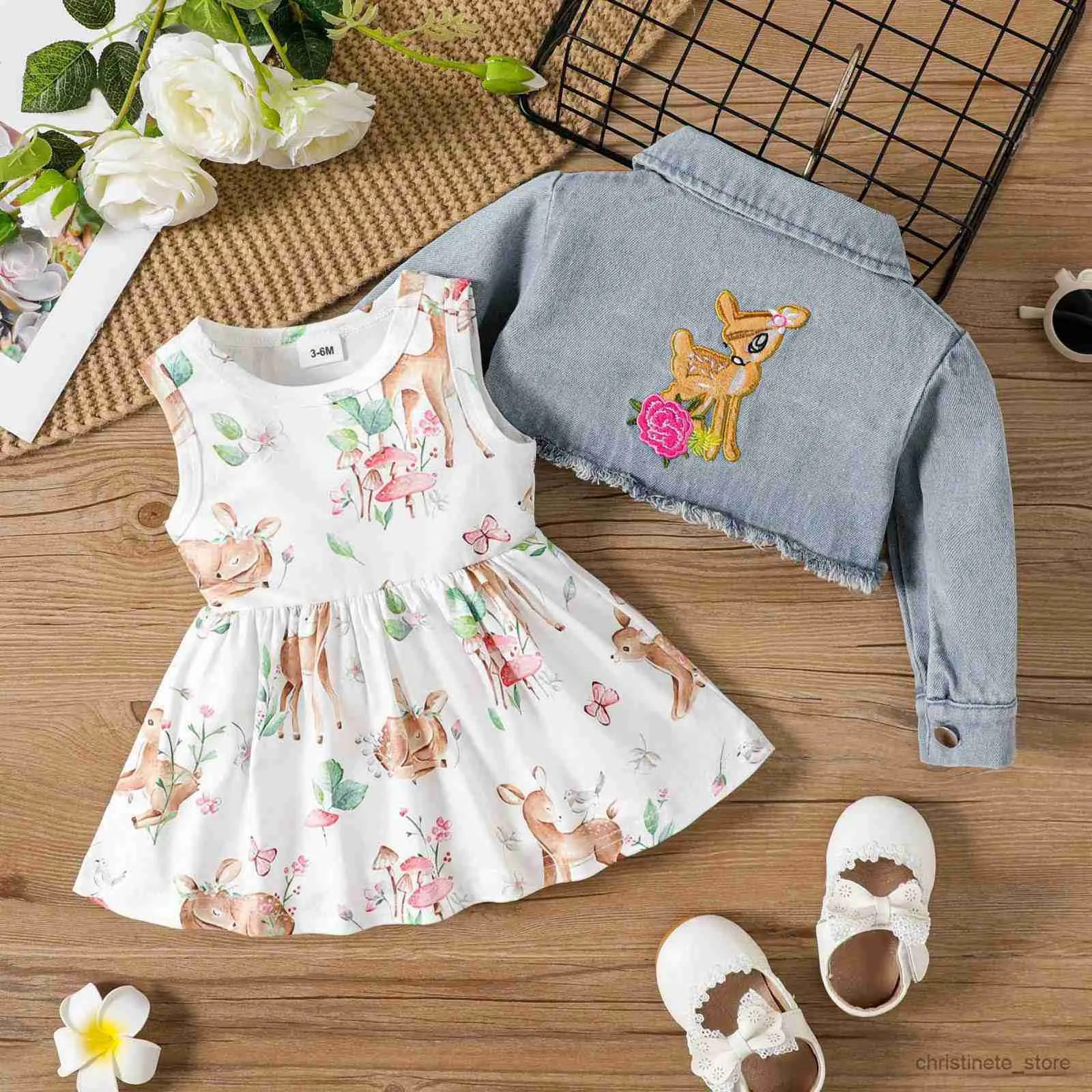 Clothing Sets Newborn Girls Long Sleeve Denim Jacket Cartoon Fn Prints Ruffles Dress Two Piece Outfits Sets For Girls Outfit Sets 3 6 12 24M R231215