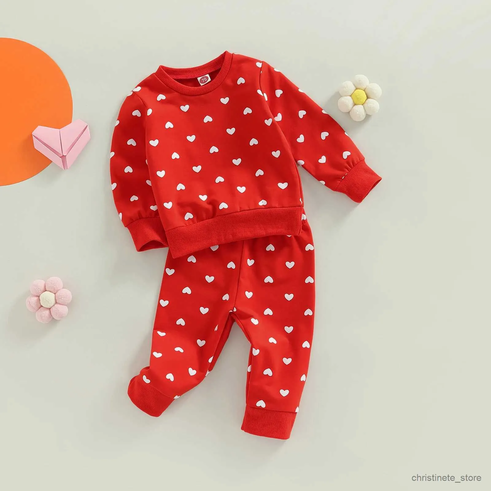 Vêtements Ensembles Nouveau-né Bébé Saint Valentin Ferme Ensemble Coeur Imprimé Pull À Manches Longues + Taille Élastique Pantalon Long R231215