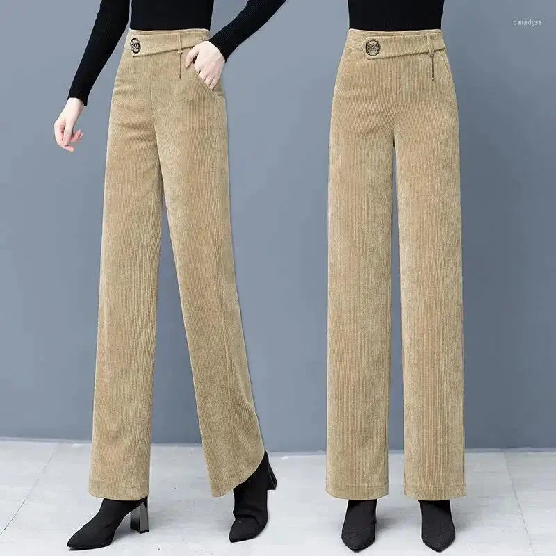 Pantalones de pana para mujer Otoño e Invierno 2023 moda bolsillos de almazuela Color sólido cintura alta Casual pierna recta suelta