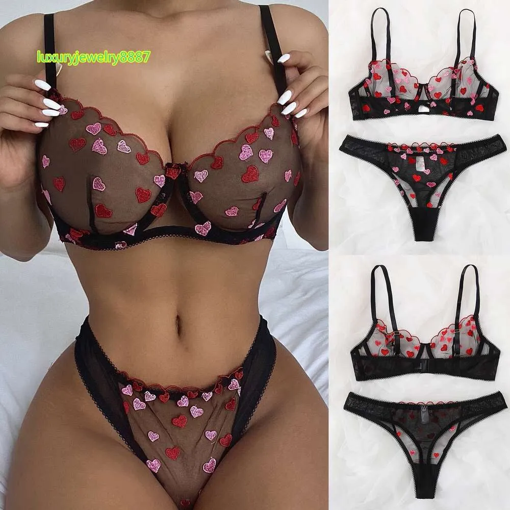 Women Unlined Lingerie Set See Through Bra Thongs Sets Heart Embroidery Ladies Sexy Underwear