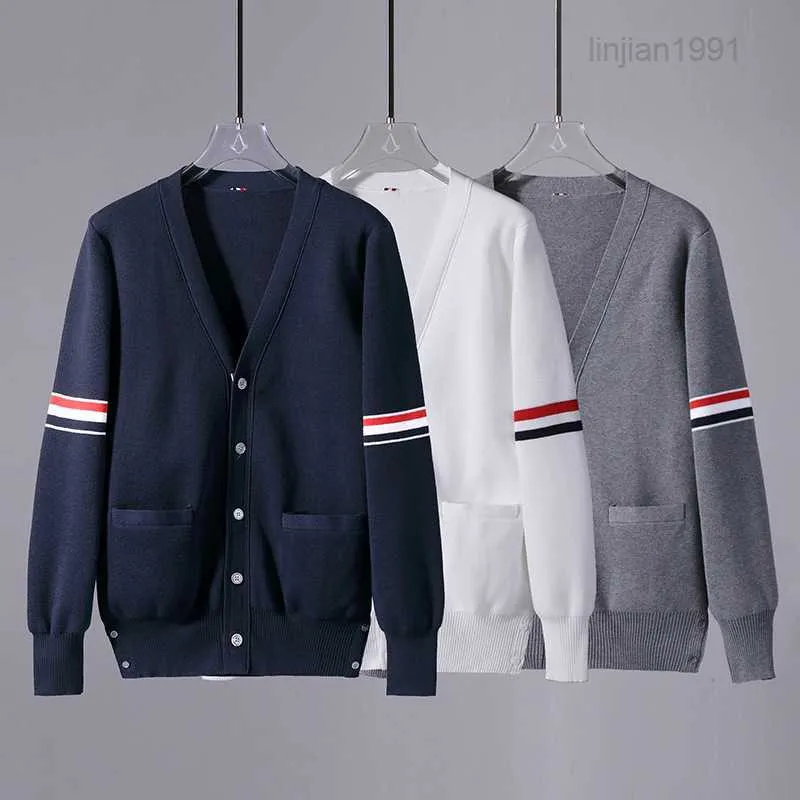 Classic TB JL trendy sweater casual couple jacquard double sleeved red white and blue striped knitted cardigan jacket