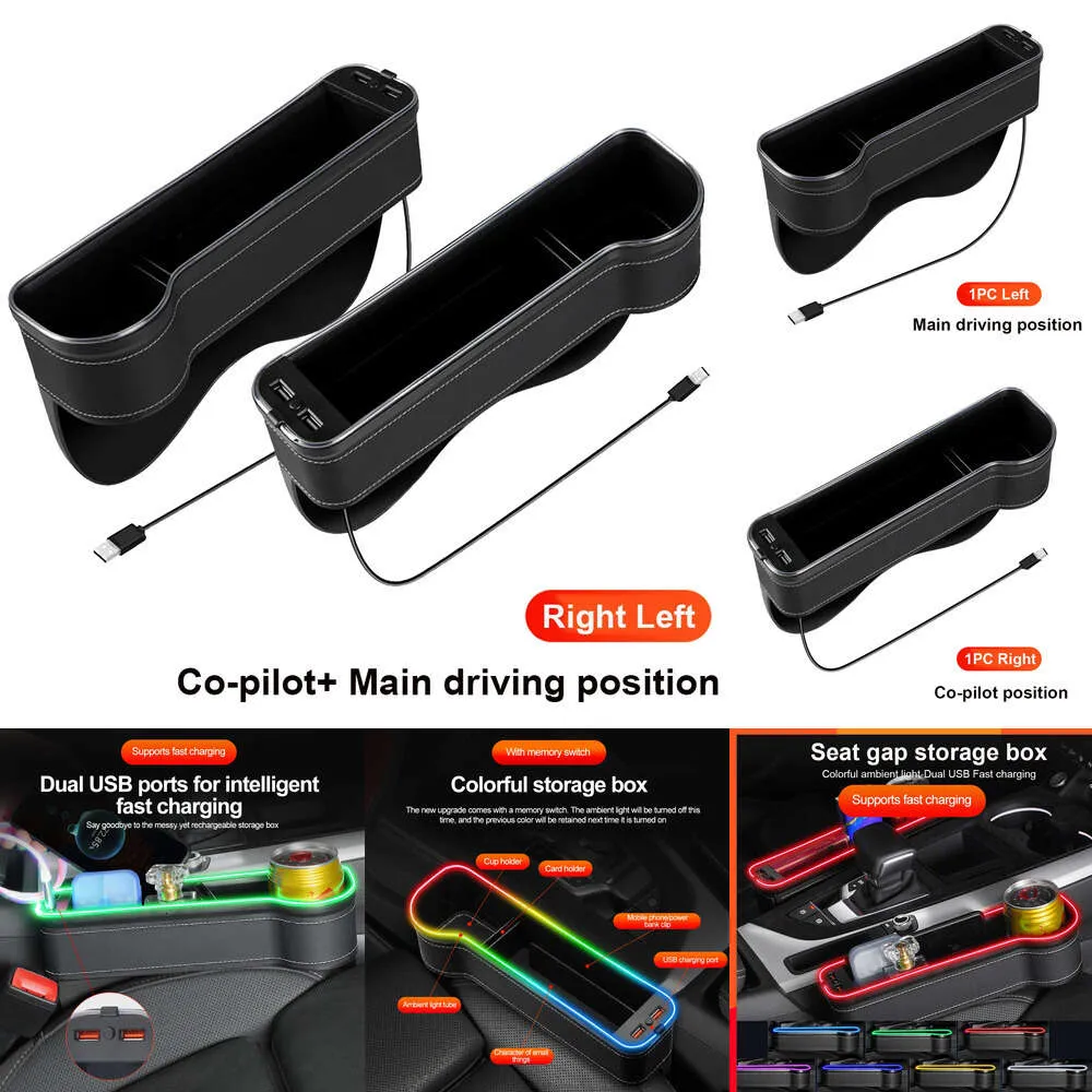 Elettronica per auto LED colorato ricarica USB seggiolino per auto scatola di immagazzinaggio fessura fessura per sedile organizzatore raccoglitore doppio caricatore rapido USB porta telefono per tazza