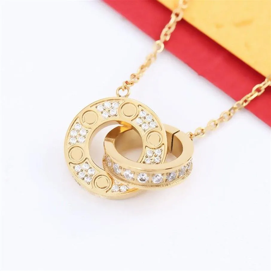 Luksusowe modne naszyjnik projektant biżuterii podwójne pierścionki diamentowe wisiorek różowe złoto naszyjniki dla kobiet fantazyjne sukienki J297R
