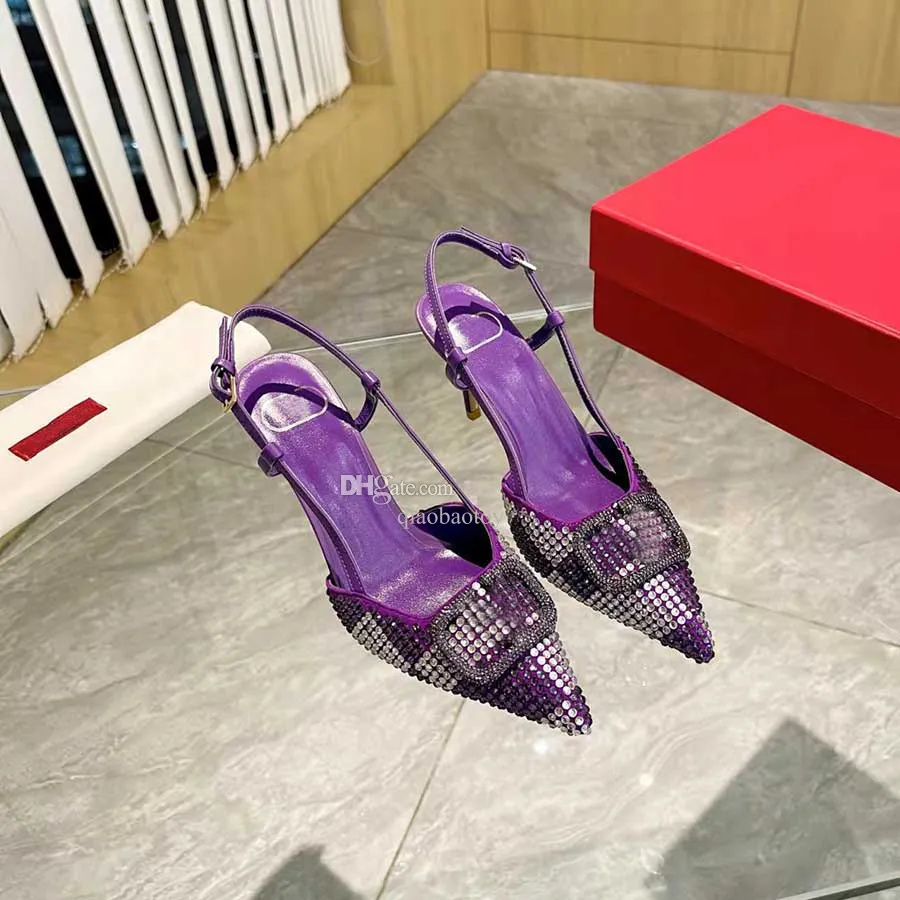 Designer strass sandales talons hauts en cuir véritable pour femmes chaussures 7cm été luxe plat diapositives dames plage sandale fête mariage Oran chaussures avec boîte 35-42