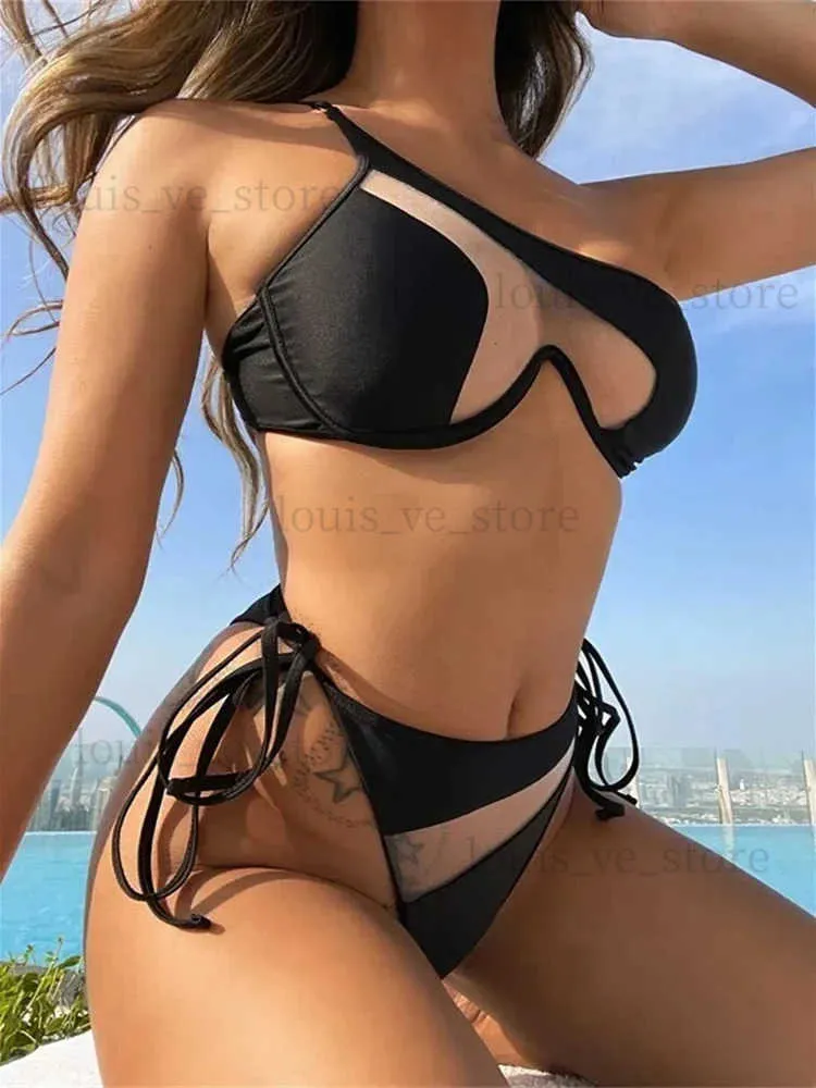 Mulheres Swimwear Splicing Malha Preta Underwired Bikini Mulheres swimsuit feminino swimwear Duas peças Bikini set Alta corte Banhista Maiô Swim T231215