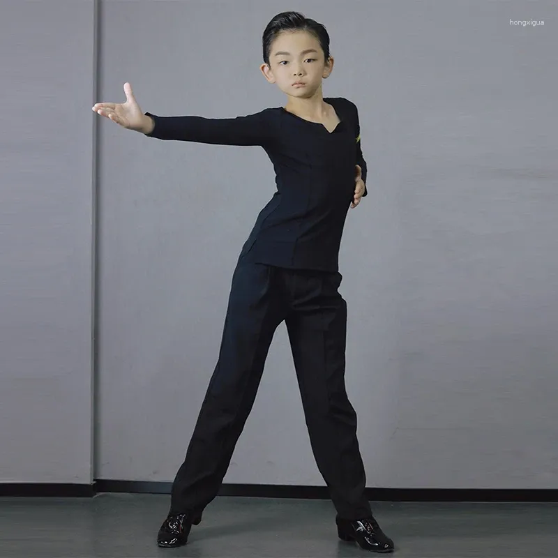 Bühne tragen Kinder Latin Dance Kleidung Jungen Schwarz Langarm Tops Hosen Praxis Ballsaal Tango Tanzen Leistung Kostüm DL11466