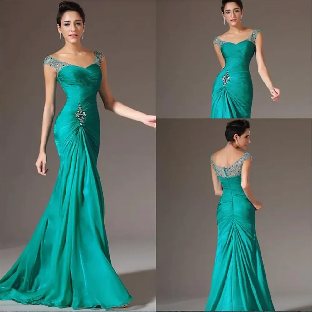 2023 Ny design Bestförsäljande sjöjungfru V-hals svep Train Chiffon Cap Sleeve Prom Dresses Pärlade veck rabatt prom klänningar formella aftonklänningar