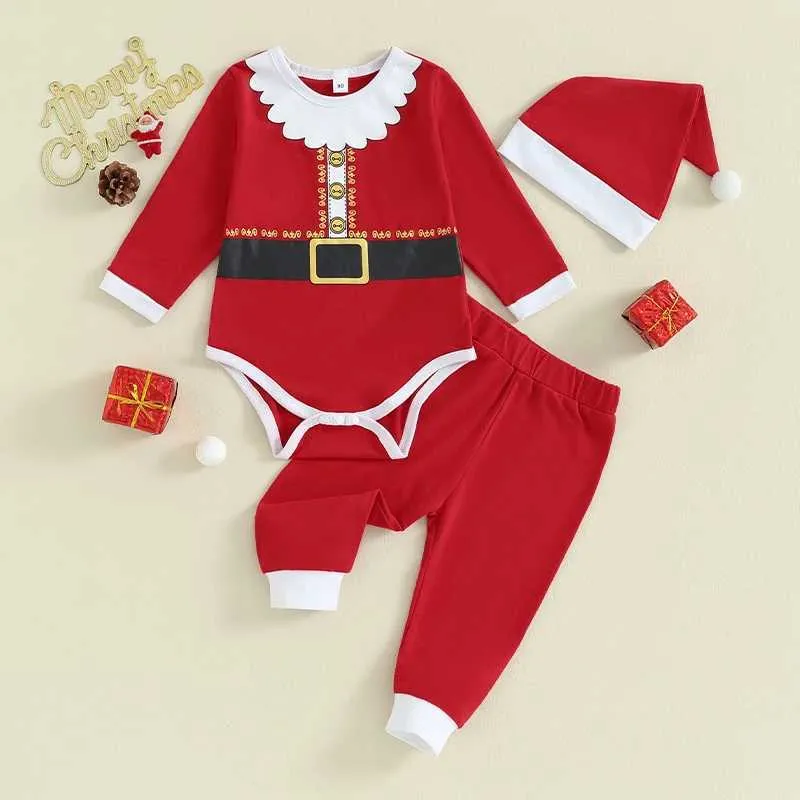 Kläderuppsättningar Citgeett Autumn Christmas Spädbarn Baby Girls Pants Set Long Sleeve Santa Romper Contrast Color Pants Hat Xmas Set