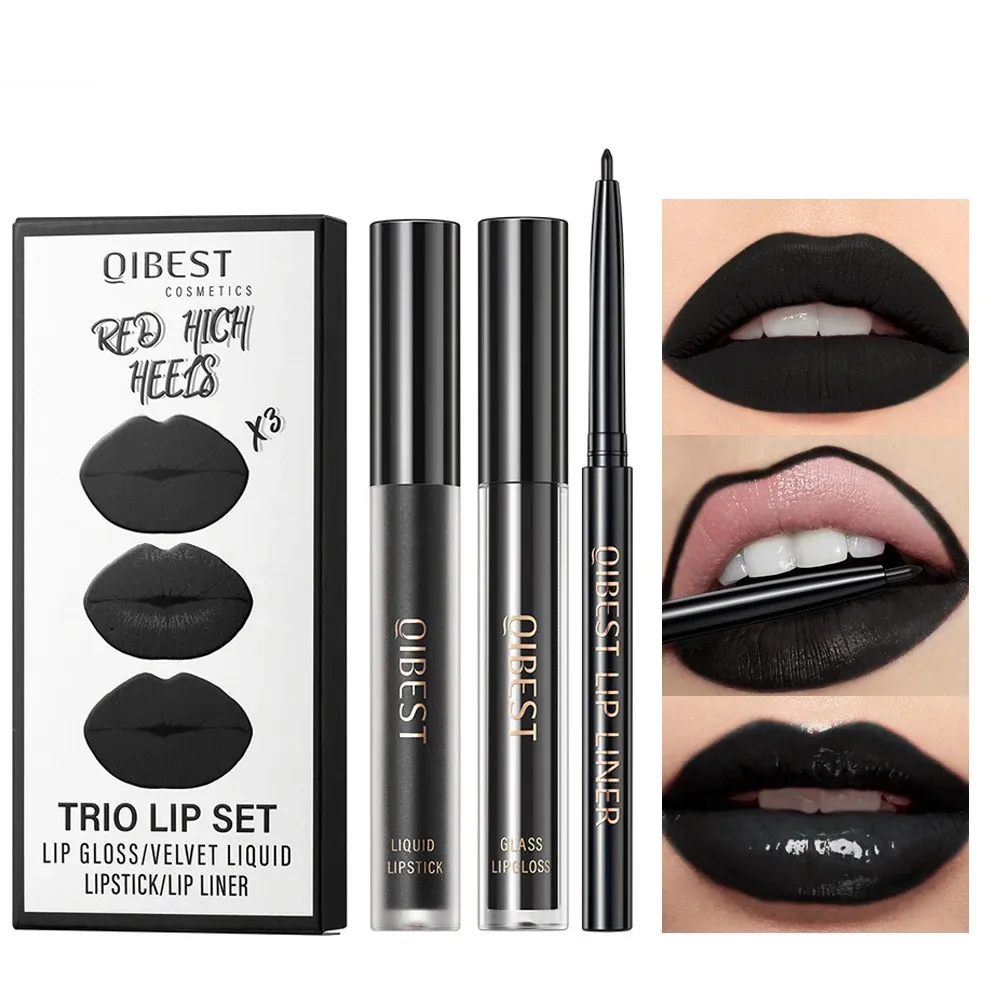 Lipstick Matte Black Lipstick and Lip Liner Set Velvet Liquid Black Lip Gloss Waterproof Long Lasting Red Lip Stain Goth Makeup 231215