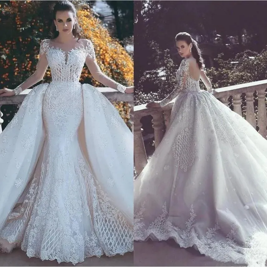 2023 Dubai sirène robes de mariée dentelle perles col transparent manches longues robes de mariée bohème dos nu train détachable robe de mariée Boho