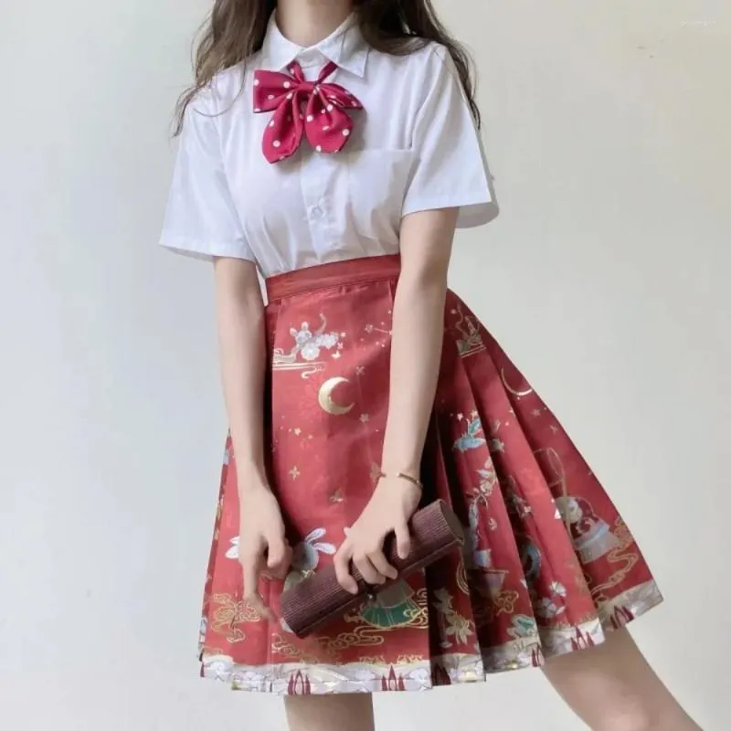 Saias verão estilo chinês saia de cintura alta mulheres roupas vintage jupe moda fundo falda y2k mini saia plissada ropa mujer