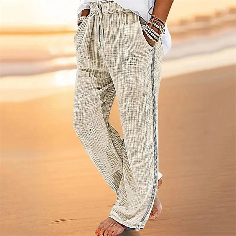 Men's Pants Vintage Men Pleated Cotton Linen Casual Drawstring Side Zip Elastic Waist Comfort Breathable Beach Trousers Straight