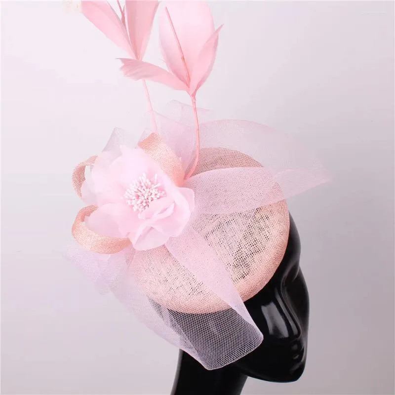 Kvinnor Mesh Fascinator Hat Bröllop Headwear Elegant Ribbon Flower 4-Layer Sinamay Bridal Hair Pins Ladies Accesories